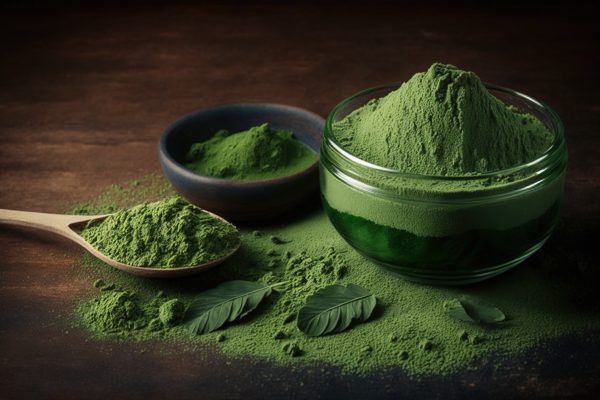 Machta Powder in a bowl and on table