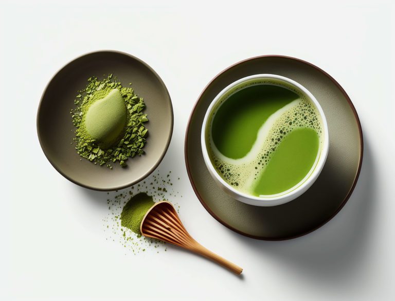 Matcha tea with cup and brush